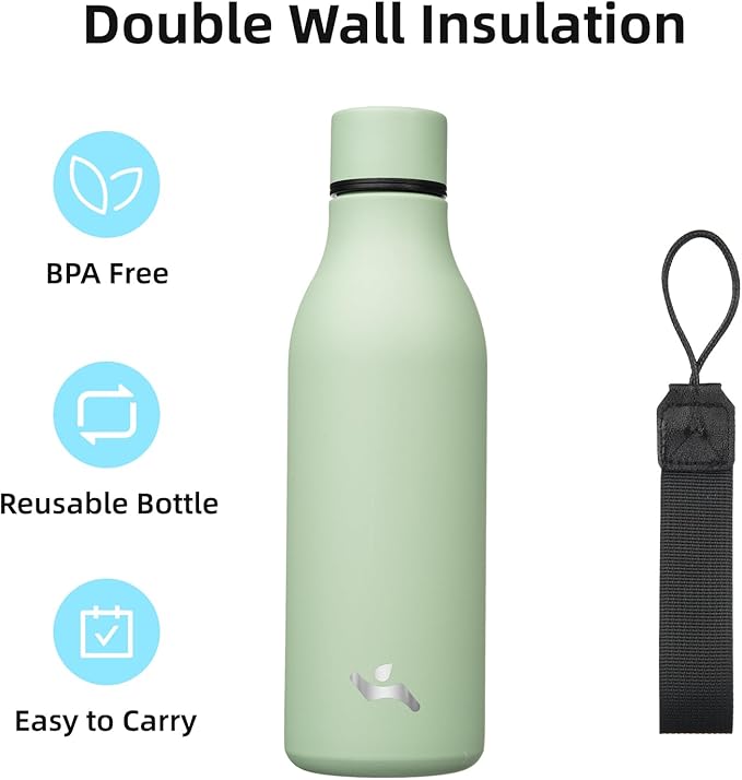 Konokyo Insulated Water Bottle with Strap,18 oz Double Wall Stainless Steel Vacuum Bottles Metal Water Flask,Macaron Green