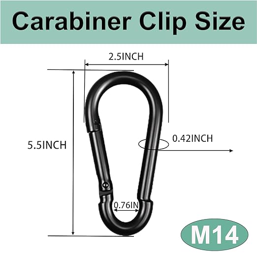 Black Carabiner, Heavy Duty Galvanized Steel Spring Snap Hook Carabiner Clips with 1350LBS Holding Capacity, Ideal for Outdoor, Hammock, Swing and Travel (6PCS M14 5.5Inch)