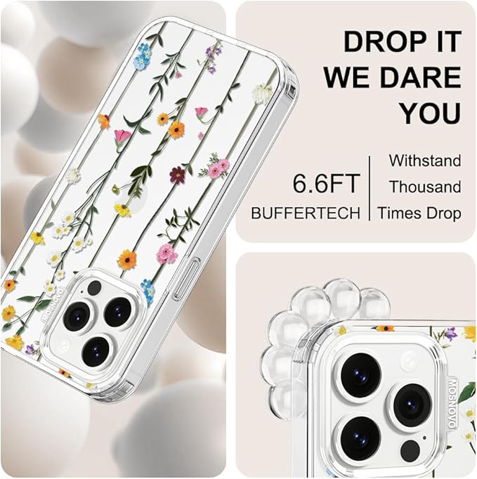 MOSNOVO Case for iPhone 14 Pro Max, [Buffertech 6.6ft Military-Grade Drop Protection] [Anti Peel Off Tech] Clear TPU Bumper Phone Case Cover Design - Wildflowers