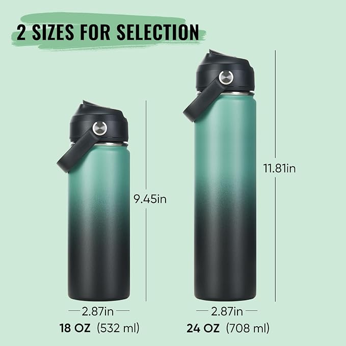 Fijinhom 18oz Insulated Stainless Steel Water Bottle, Wide Mouth Double Wall Vacuum, Silicone Straw, Sweat & Leak Proof, BPA Free Insulated Water Flask for Travel, Keep Cold 24h Hot 12h, Green & Black