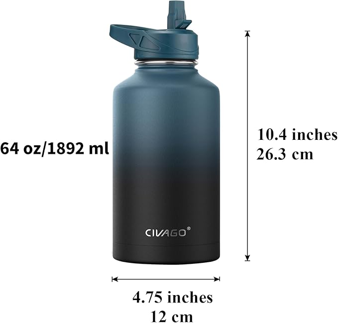 CIVAGO 64 oz Insulated Water Bottle With Straw, Half Gallon Stainless Steel Sports Water Flask Jug with 3 Lids (Straw, Spout and Handle Lid), Large Metal Thermal Cup Mug, Deep Orange