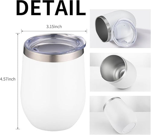 12oz/6 Pack Wine Tumbler Glasses with Lid Stemless Double Wall Vacuum Stainless Steel Travel Tumbler Keeping Cold & Hot for Wine,Coffee,Cocktails,Christmas Drinks-Family and Gifts (White)