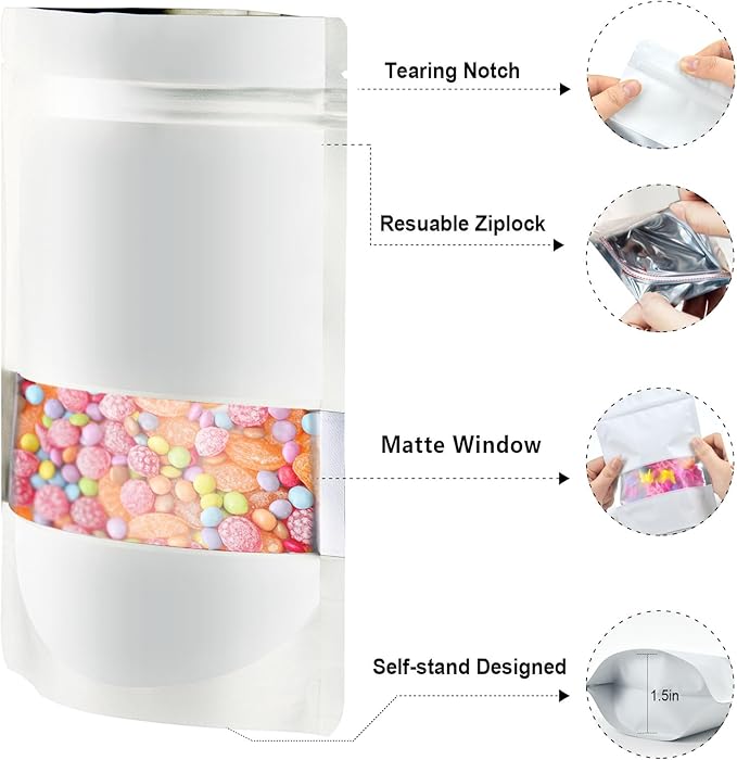 3.5"x5" 120pcs Mylar Bags for Food Storage,Smell Proof Bag with Matte Window Resealable Food Storage Bags for Small Business, Stand-up Foil Pouch Packaging Freeze Dried Candy Bag(White)