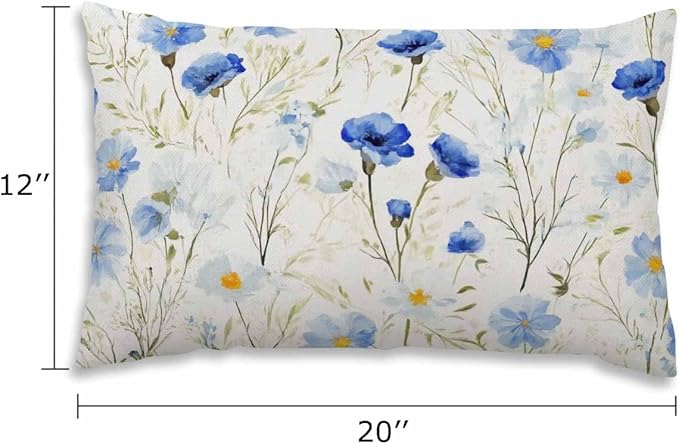 EKOBLA Watercolor Flowers Decorative Pillow Case Throw Pillow Covers Blue Cornflower Daisy Spring Linen Lumber Decorative Throw Cushion Cover Pillowcases for Bed Sofa Oblong Rectangle 12x20