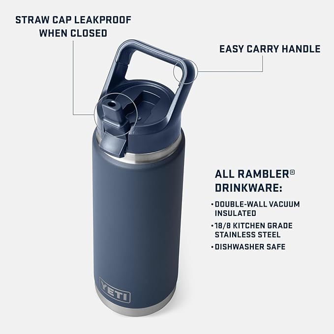 YETI Rambler 26 oz Bottle, Vacuum Insulated, Stainless Steel with Color Matching Straw Cap