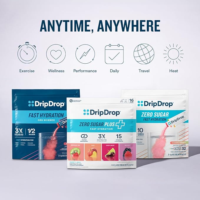 DripDrop Zero Sugar Plus - Sugar Free Hydration Packets- Single Serve Electrolytes Powder Drink Mix - Raspberry Lemonade, Watermelon, Tangerine, Tropical Punch - Non-GMO, Vegan- 16 Sticks