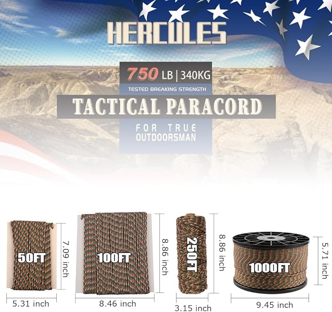 HERCULES 750lb Paracord 4mm 11 Strands Tactical Parachute Cord, 50' 100' 250' 1000' Utility Rope for Camping, Survival, Outdoor Gear (Camouflage, 1000FT)