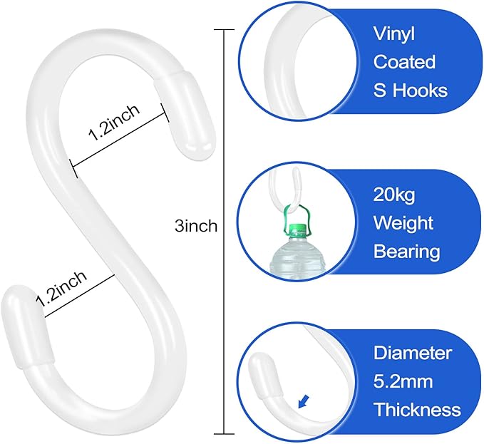 DINGEE 30 Pack 3 Inch White S Hooks,Vinyl Coated Heavy Duty S Hook for Hanging Plants,Non Slip Closet S Hooks,Steel Metal White Vinyl Coated Small S Hook for Hanging Jeans Pots and Pans Coffee Cups