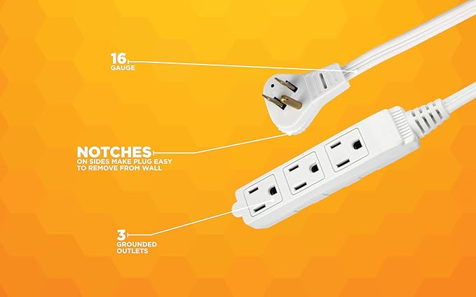 Woods Slimline Angled Flat Plug Extension Cord; Space Saving Flat Design; 3 Grounded Outlets; 13-Foot; 13 Amps; 1625 Watts; 125 Volts; UL Listed; 2232 (Pack of 6)