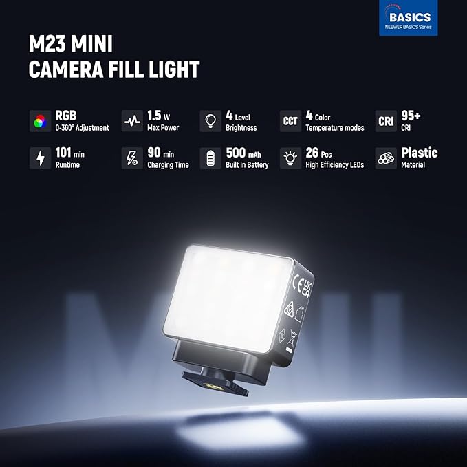 NEEWER Basics Magnetic RGB Camera Auxiliary Light, 1.5W Plastic Small Cold Shoe LED Panel Video Photo Fill Lighting for DSLR Action Cam Phone Cage AC024 OSMO Pocket 3 Mount & M21, CRI95+ 500mAh, M23