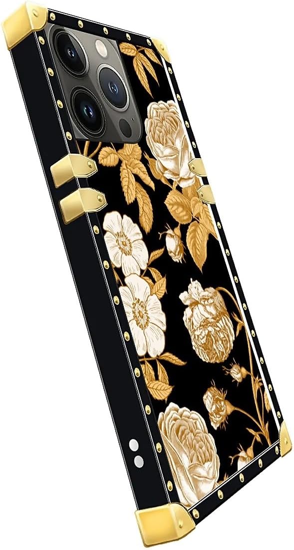 Compatible with iPhone 15 Pro Max Case, Blooming Rose Golden Flower Luxury Golden Decoration for Girl Women Soft TPU Shockproof Protective Hard PC Back for iPhone 15 Pro Max