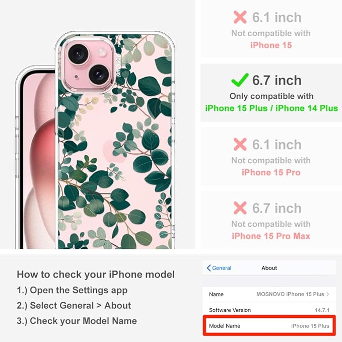 MOSNOVO Case for iPhone 15 Plus/iPhone 14 Plus, [Buffertech 6.6ft Military-Grade Drop Protection] [Anti Peel Off Tech] Clear TPU Bumper Phone Case Cover Design - Eucalyptus