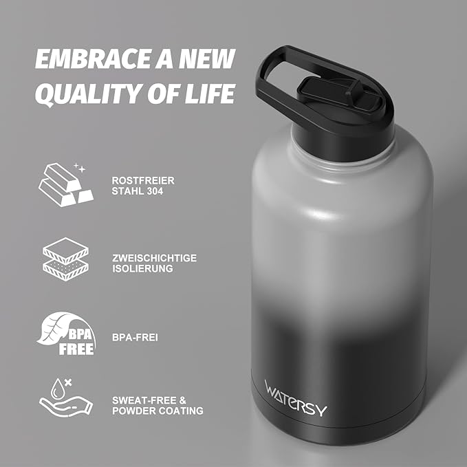64oz Insulated Water Bottle (Cold for 48 Hrs),BPA Free&Leak Proof,Half Gallon Stainless Steel Water Flask,Water Jug with Straw Spout Lids for Gym,Hiking,Camping,Grey Black