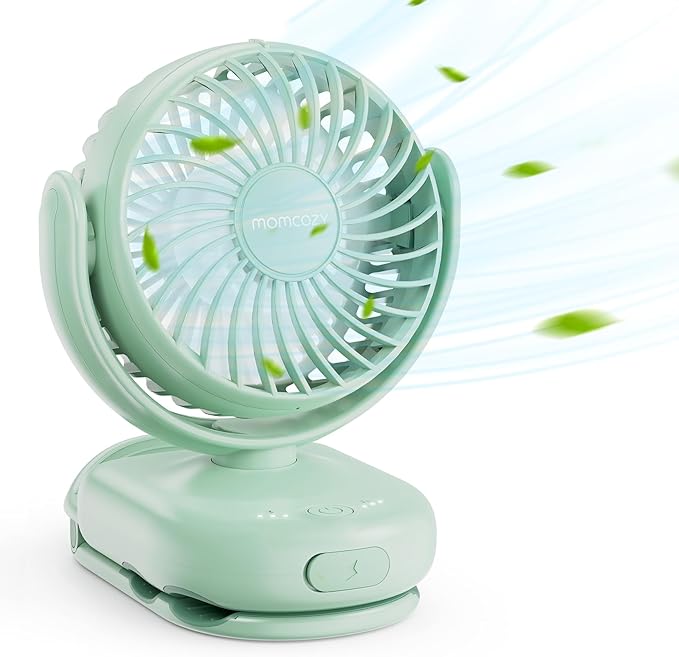Momcozy Portable Stroller Fan with Clip | 4-Speed Mini-Fan for Carrier | Personal Fans Ultra Light 0.26lb | Gaps ≤4.5mm | Handheld Cooling | Rechargeable Rotate for Diaper Backpack/Table
