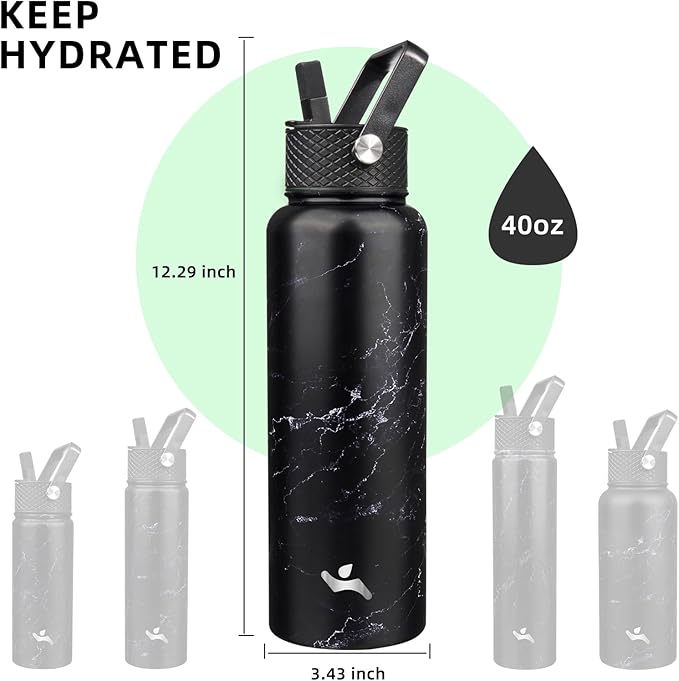 Konokyo 40oz Insulated Water Bottle Stainless Steel Sport Bottles with 3 Lids,Marble Midnight