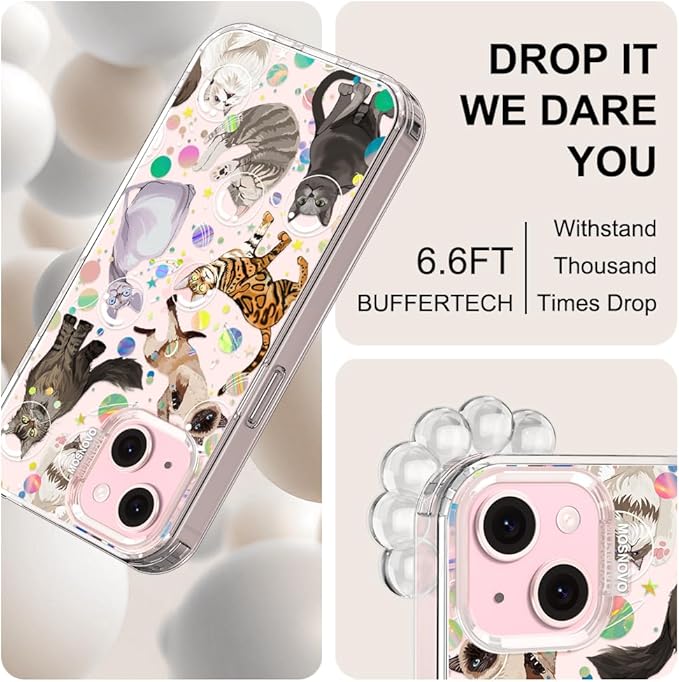 MOSNOVO Case for iPhone 15 Plus/iPhone 14 Plus, [Buffertech 6.6ft Military-Grade Drop Protection] [Anti Peel Off Tech] Clear TPU Bumper Phone Case Cover Design - Space Cat
