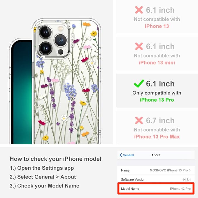 MOSNOVO Case for iPhone 13 Pro, [Buffertech 6.6ft Military-Grade Drop Protection] [Anti Peel Off Tech] Clear TPU Bumper Phone Case Cover Design - Floral Garden
