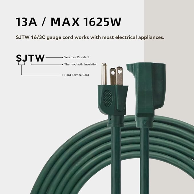 8ft Outdoor Extension Cord for Christmas Decorations - 16/3 Heavy Duty SJTW Waterproof Green Electrical Cable with 3 Prong Grounded Plug for Safety, Great for Lawn and Major Appliances