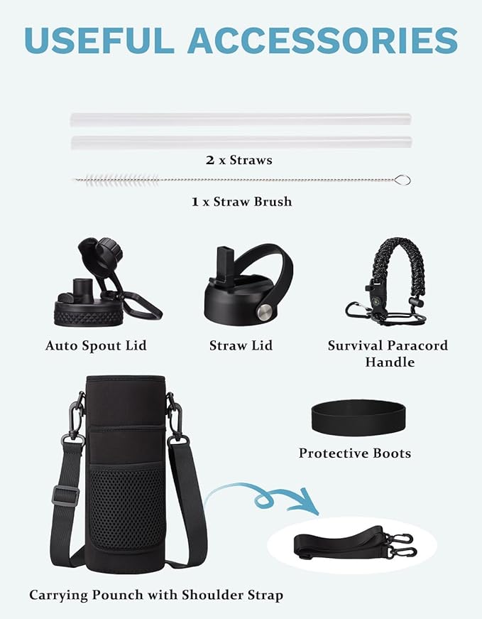 BENZZO Insulated Water Bottle 40 oz - Keep Cold 48H Hot 24H, Metal Water Bottles with Straw & Auto Chug Lids, Flask Boot, Travel Jug with Carrying Pouch, Stainless Steel Water Bottle for Women Men