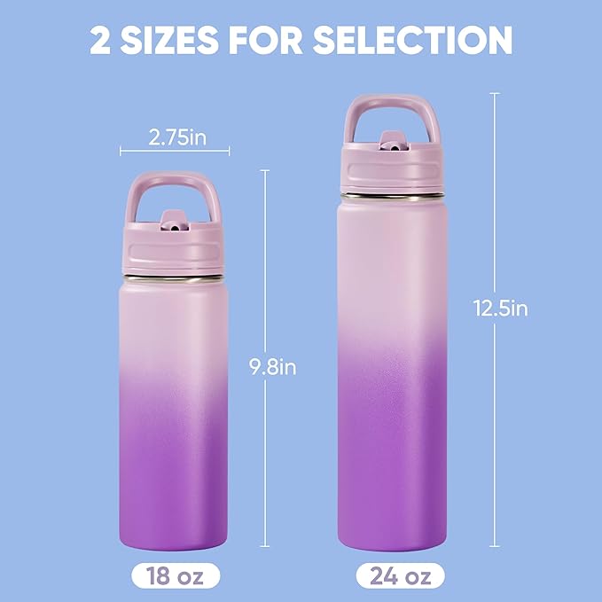 Fijinhom 24oz Insulated Stainless Steel Water Bottle with Straws, Double Wall Vacuum Insulated Bottles, Metal Thermo for Travel, Sports, Leak-Proof, BPA Free, Women & Men, Purple Gradient