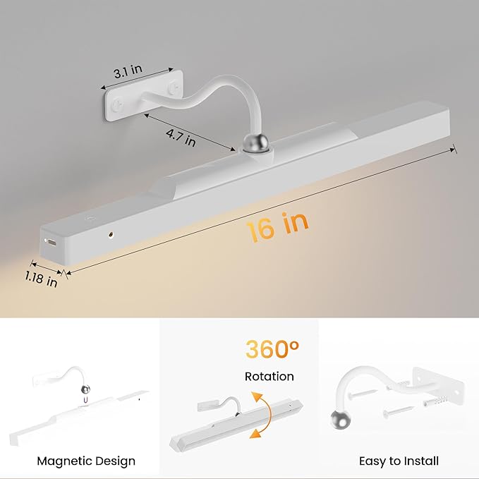 Picture Light with Remote - 16in White Rechargeable Battery Wall Light for Paintings, Cordless Wall Sconce for Art Painting & Photo Frames, 5000mAh with Timer, 350LM Brightness (3-Pack)