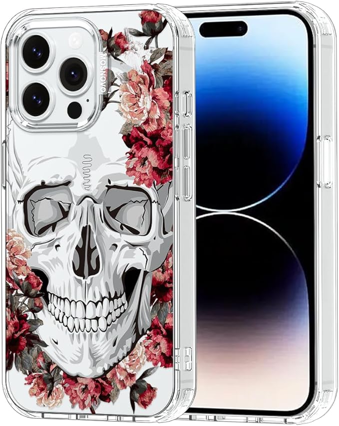 MOSNOVO Case for iPhone 14 Pro Max, [Buffertech 6.6ft Military-Grade Drop Protection] [Anti Peel Off Tech] Clear TPU Bumper Phone Case Cover Design - Red Flower Skull