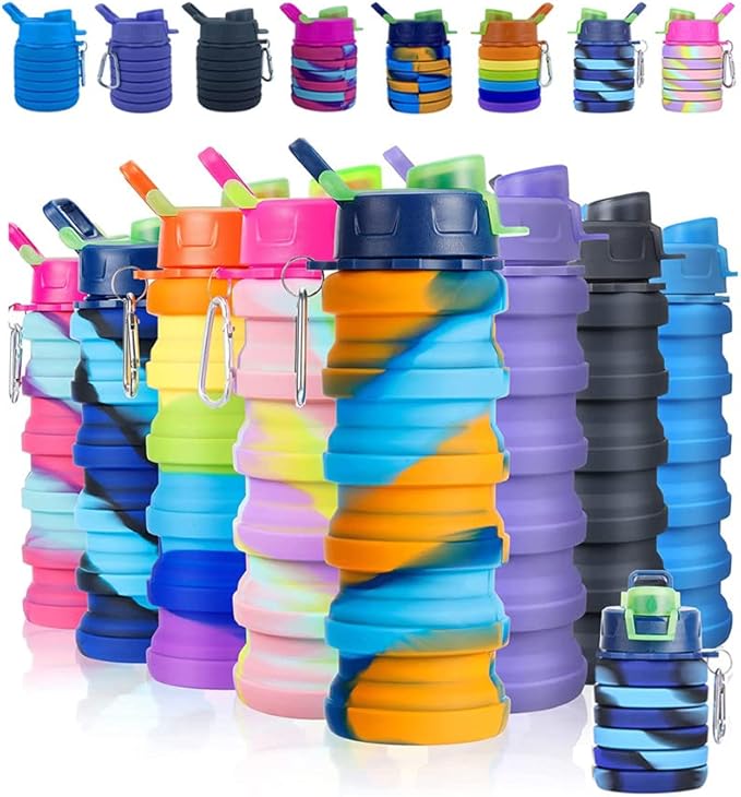 Collapsible Water Bottles 2 Pack Silicone Water Bottle with Carabiner Expandable Water Bottle 500ml Portable Sport Water Bottle for Travel Camping.(Black+Blue)