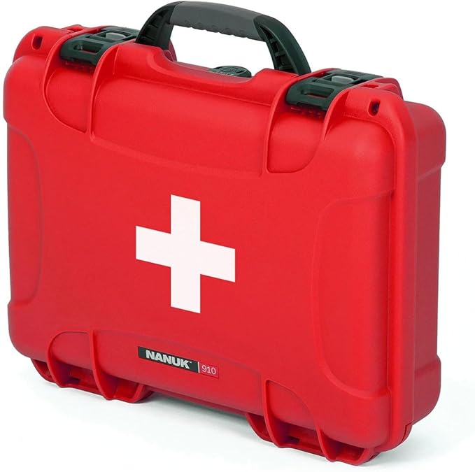 NANUK 910 Waterproof First Aid Kit 146pcs – Durable, Pre-Stocked First Aid Emergency Kit with Bandages, Tick Removal Tool, and More – Dustproof, Impact-Resistant, Floats (14.3" x 11.1" x 4.7") – Red