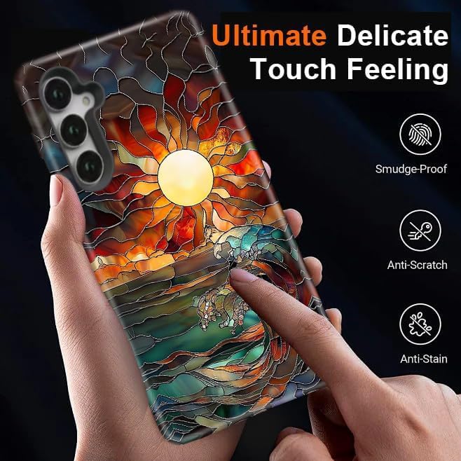 Compatible for Samsung Galaxy A37 5G Case, Dual Layer Heavy Duty 2 in 1 Shockproof Protective Phone Case,Stained Glass Sun Rays Ocean Waves