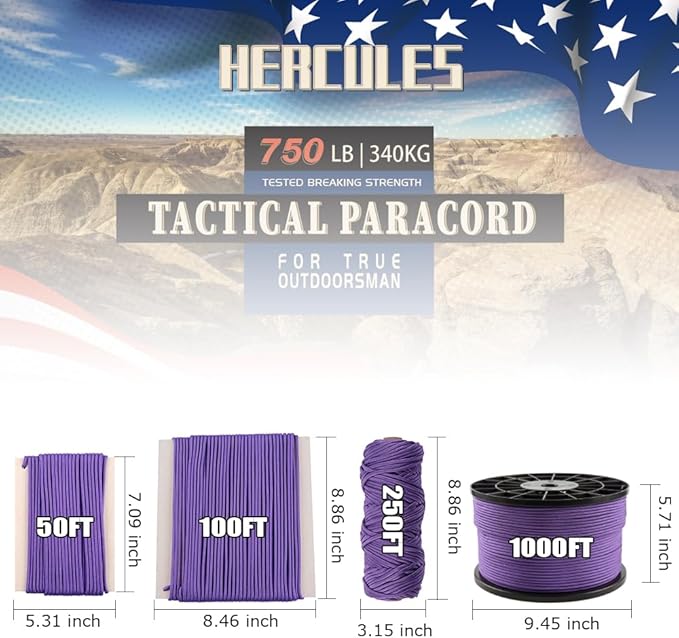 HERCULES 750lb Paracord 4mm 11 Strands Tactical Parachute Cord, 50' 100' 250' 1000' Utility Rope for Camping, Survival, Outdoor Gear (Purple, 100FT)