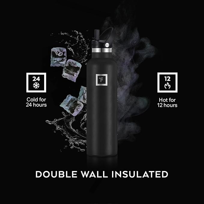 IRON °FLASK Camping & Hiking Hydration Flask with Straw, BPA-Free Insulated Stainless Steel Sports Water Bottle - 24 oz Midnight Black