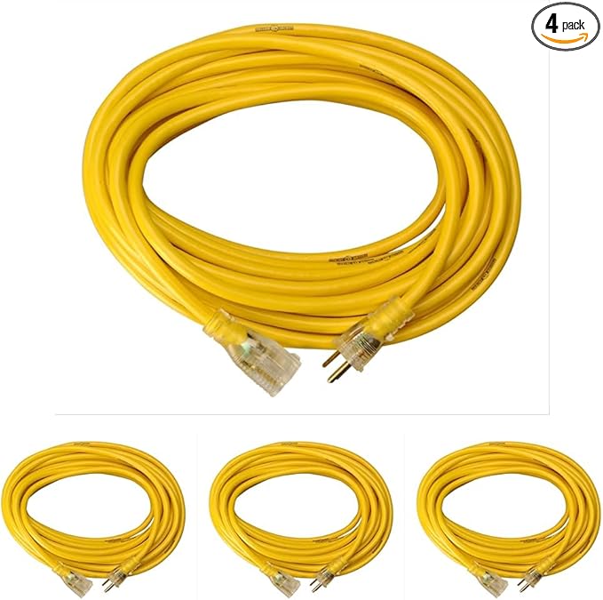 Yellow Jacket Heavy Duty Extension Cord, 25Ft, 12 Gauge, 3 Conductor, Lighted End, Weather Resistant, SJTW, Yellow, 2883 (Pack of 4)