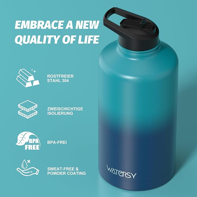 87oz Insulated Water Bottle (Cold for 48 Hrs),BPA Free&Leak Proof,1.5 Gallon Stainless Steel Water Flask,Water Jug with Straw Spout Lids for Gym,Hiking,Camping,Gradient Blue