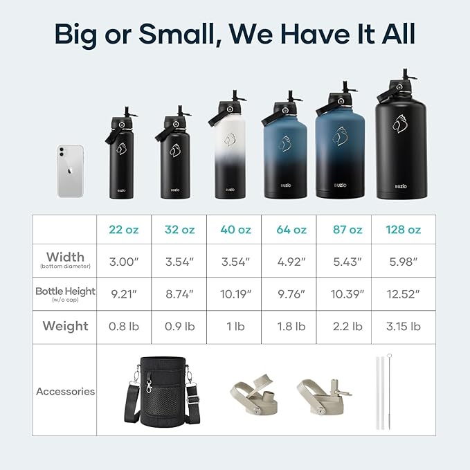 BUZIO 64oz Insulated Water Bottle, Half gallon Stainless Steel Jug (Cold for 48 Hrs), Triple Wall Vacuum Large Metal Flask with Leakproof Straw Lid and Carry Sleeve, Greige