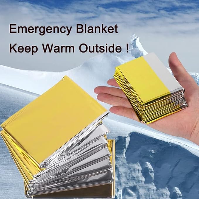 GALAXYLENSE Emergency Mylar Thermal Blanket for Survival First Aid Kits Army Outdoors Hiking Camping Bug Out Trauma Desert All Weather Condition Protection (100 Packs Gold)
