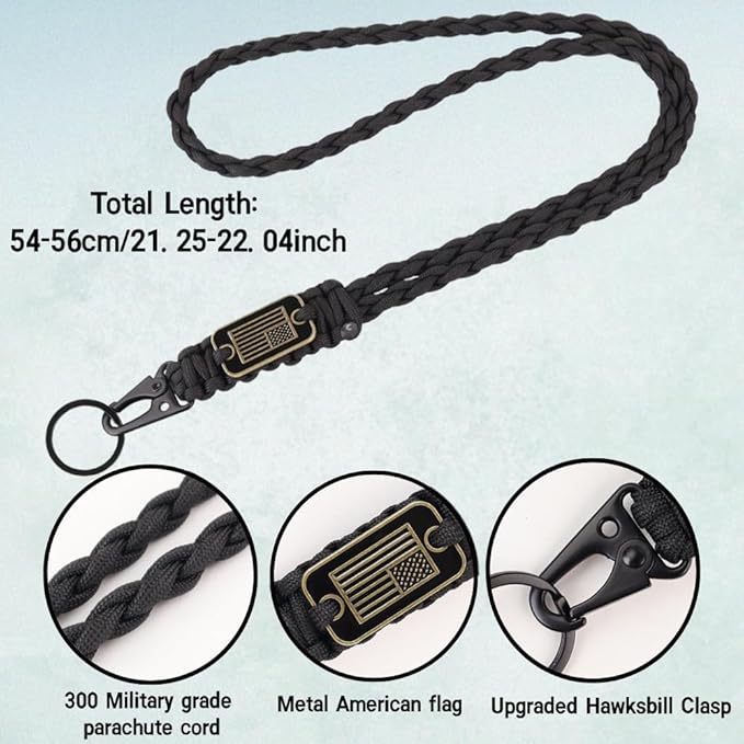 2pcs Heavy Duty Braided Paracord Lanyard Keychains with USA Flag, Parachute Rope Necklace for Outdoor Activities