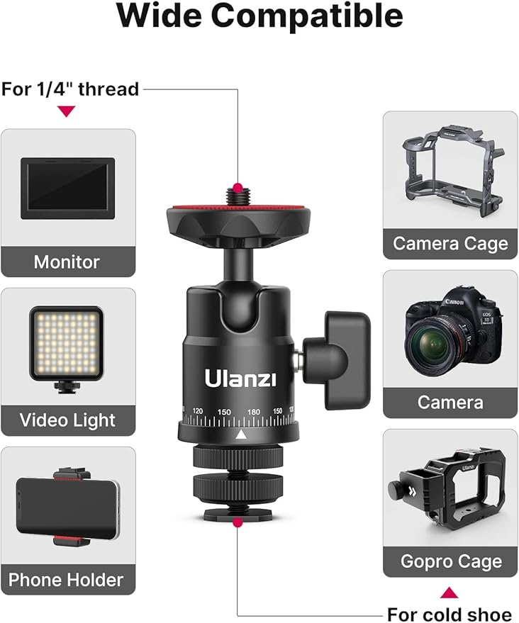 Mini Ball Head, ULANZI H28 Panoramic Tripod Head + Dual Hot Shoe Mount DSLR Camera Mount Adapter Photograph Attachment Accessories for Action Cameras Cam Smartphone Light Microphone Loading 5.5lb
