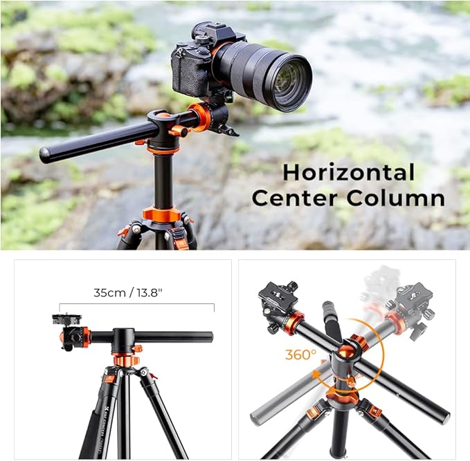K&F Concept 73 inch /186cm Camera Tripod,Transverse Center Column Aluminium DSLR Tripod with 360 Degree Ball Head 10kg Load Capacity,Quick Release Plate,Detachable Monopod T255A3+BH-28L