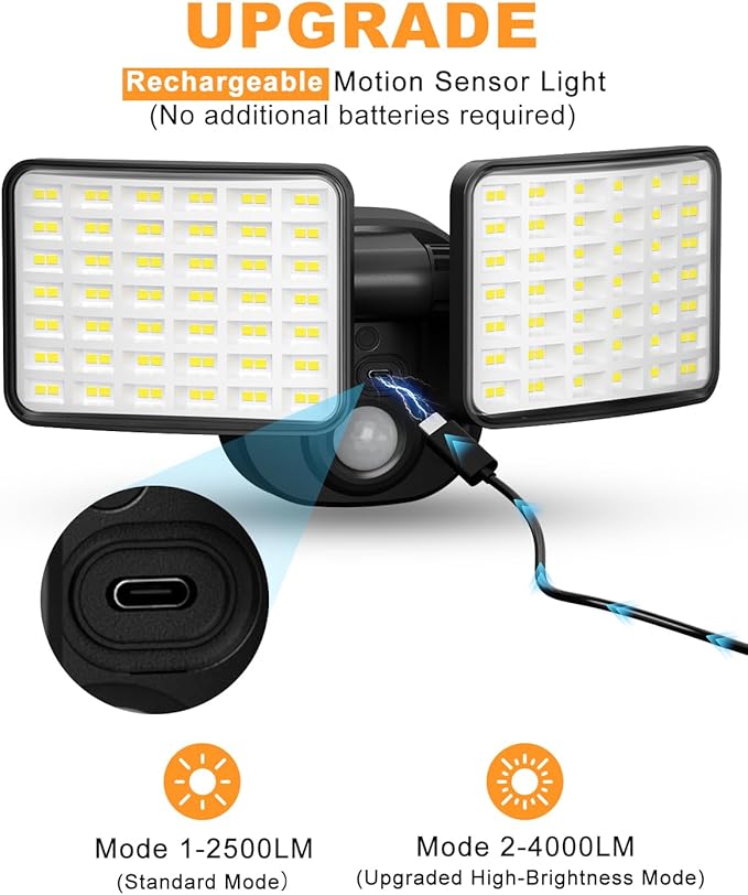 Rechargeable Motion Sensor Outdoor Light, Battery Operated Lights with 2500LM & 4000LM Dual Modes, USB Charging Wireless Flood Light, Waterproof LED Security Lights for Garage, Yard, Shed, Porch