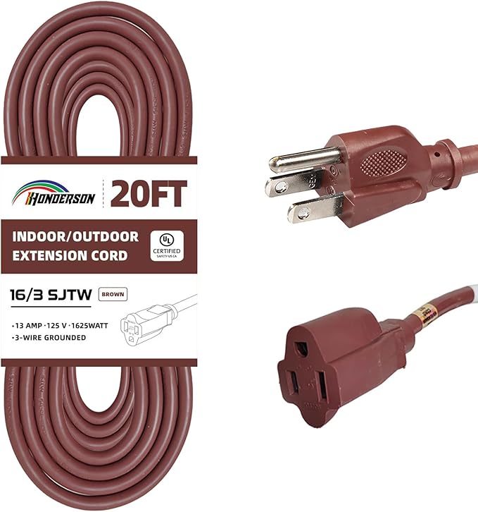 20FT Brown Outdoor Extension Cord-16/3 SJTW Durable Extension Cord for Christmas Lights with 3 Prong Grounded Plug, Great for Outside Christmas Decorations