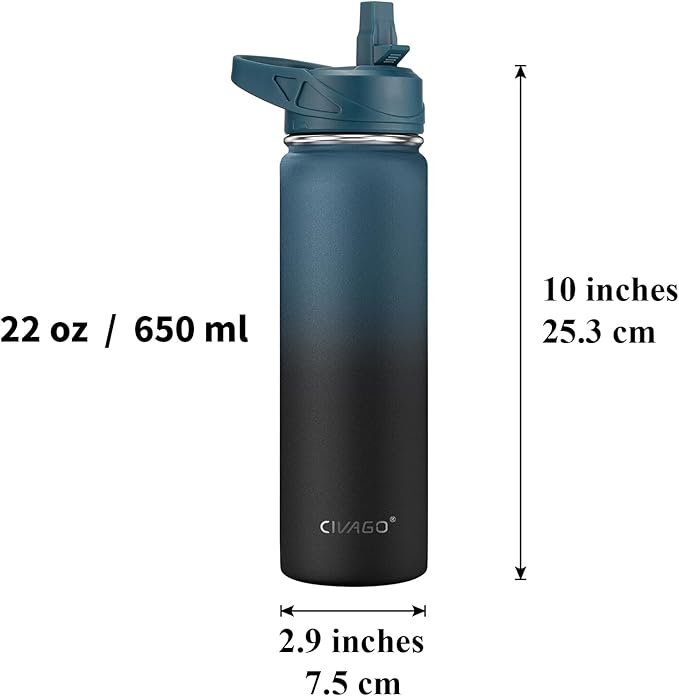 CIVAGO 22 oz Insulated Water Bottle With Straw, Stainless Steel Sports Water Flask Cup with 3 Lids (Straw, Portable Spout and Handle Lid), Double Walled Travel Thermal Canteen Mug, Dark Rainbow
