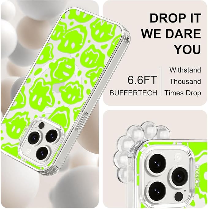 MOSNOVO Case for iPhone 15 Pro Max, [Buffertech 6.6ft Military-Grade Drop Protection] [Anti Peel Off Tech] Clear TPU Bumper Phone Case Cover Design - Distorted Green Smiles Face