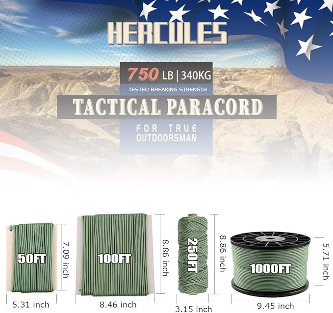 HERCULES 750lb Paracord 4mm 11 Strands Tactical Parachute Cord, 50' 100' 250' 1000' Utility Rope for Camping, Survival, Outdoor Gear (Olive Green, 100FT)