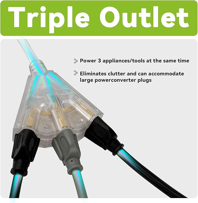 EP 20FT 12 Gauge Heavy Duty Extension Cord, 15A 125V 1875W, 3 Outlet Indoor/Outdoor Power Cord with Lighted End, 12/3 SJTW Weatherproof White, ETL Listed