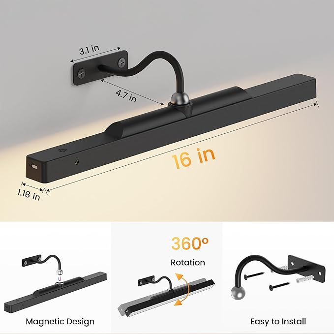 3Pack Picture Light Battery Operated, 16in Picture Light for Wall, 5000mAh Cordless Wall Lights with Controller,Art Light with Dimmable Cordless for Wall Painting,Frame, Portrait, Dartboard- Black