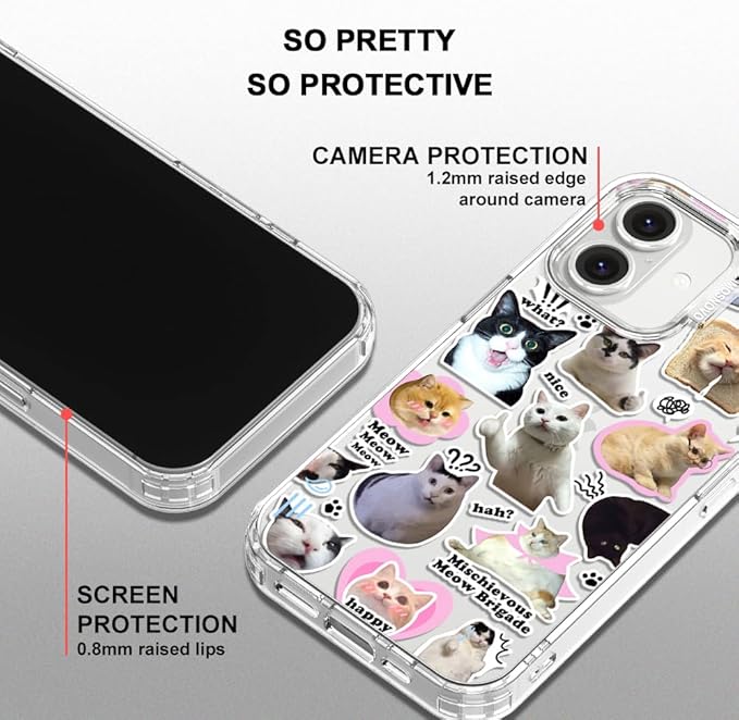 MOSNOVO Case for iPhone 16 Plus, [Buffertech 6.6ft Military-Grade Drop Protection] [Anti Peel Off Tech] Clear TPU Bumper Phone Case Cover Design - The Cat Brigade