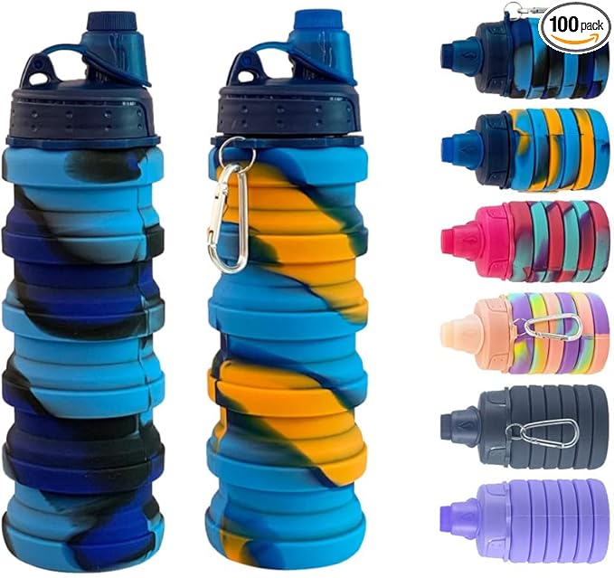 Collapsible Water Bottles 2 pack Travel Water Bottle 500ML Silicone Water Bottles. (Blue Camouflage +Yellow Camouflage)