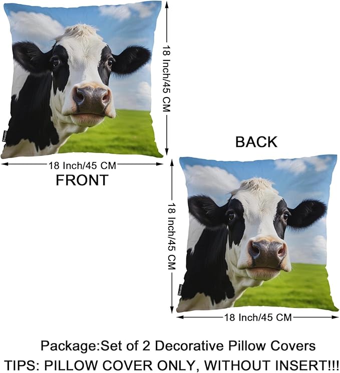 Swono Cow Bed Pillow Covers, Funny Farm Cattle Cow On Grass Meadow Decorative Throw Pillow Cover Cushion Case for Sofa Bed Living Room Farmhouse Decorations, 18"X18" 2 Pieces Pillowcases