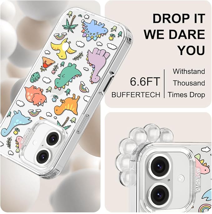 MOSNOVO Case for iPhone 16 Plus, [Buffertech 6.6ft Military-Grade Drop Protection] [Anti Peel Off Tech] Clear TPU Bumper Phone Case Cover Design - Dinosaur Land