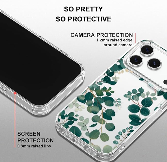 MOSNOVO for iPhone 17 Pro Case | Military Grade 6.6ft Drop Tested | Camera Control | Clear with Eucalyptus Design